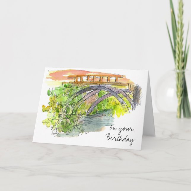 Bridge Landscape Wassercolor Happy Birthday Karte (Vorderseite)