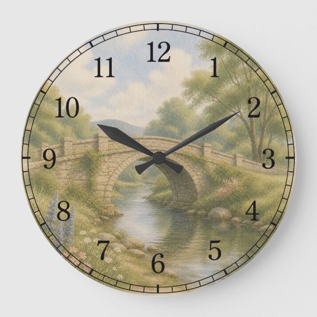 Bridge & River Wall Clock — Scenic Landscape Desig Große Wanduhr (Vorderseite)