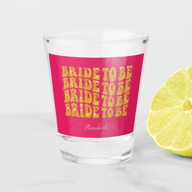 Bridge to be Gold Glitzer Text with name, Pink Schnapsglas (Vorderseite)