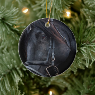 Bridled Black Stallion Face Keramik Ornament