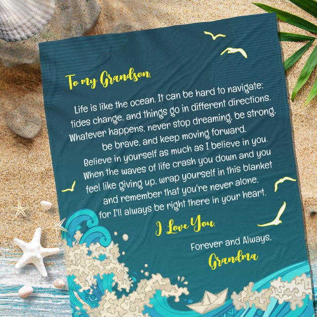 Brief an meinen Sohn oder Großmutter im Nautischen Fleecedecke (Nautical Ocean Beach Theme Fleece Blanket Gift for Son or Grandson Paper Boat Sea and Birds in Blue )