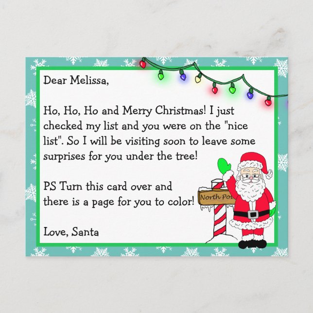 Brief des Weihnachtsmanns für Kinder + Farbseite a Postkarte (Vorderseite)