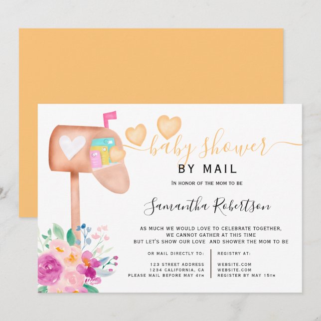 Briefkasten florfarbene Wasserfarben Babydusche pe Einladung (Vorne/Hinten)