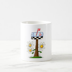 Briefkasten mit Gänseblümchen und Herzflagge Landg Kaffeetasse