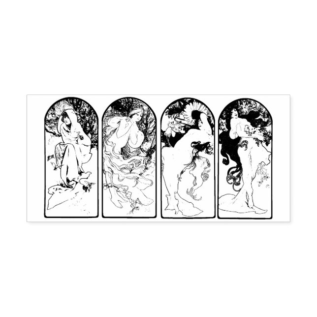 BRIEFMARKE HOLZ : MUCHA : DIE SAISONEN GUMMISTEMPEL (Prägung)