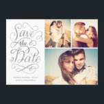 Brieftes Silber-Imitat Save the Date Collage<br><div class="desc">Diese Save the Date Fotokarte bietet eine 3-Foto-Collage,  Wirble handgeschriebene Kalligraphie-Kunstwerke und Imitate silberne metallische Folie. Besuchen Sie unseren Designer Shop um mehr zu sehen!</div>