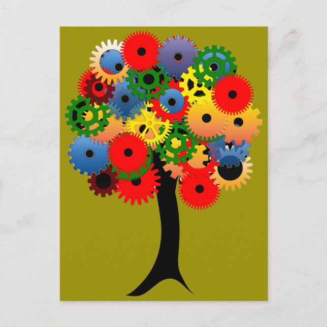 Bright and Colorful Mechanical Gear Tree Postkarte (Vorderseite)