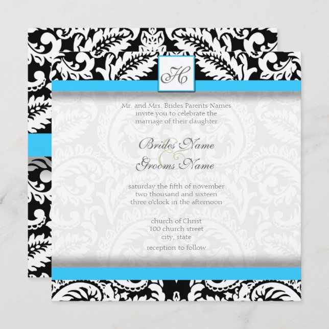 Bright Aqua Black Silver Wedding Einladungen (Vorne/Hinten)