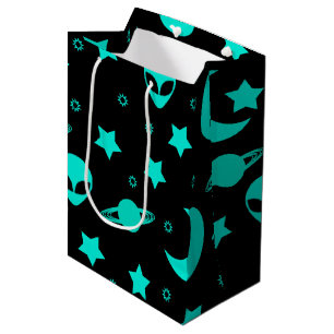 Bright Aqua Blue Alien Heads in Outer Space Mittlere Geschenktüte