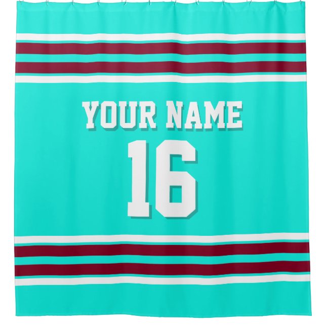 Bright Aqua Burgundy White Stripes Sports Jersey Duschvorhang (Vorderseite)