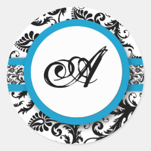 Bright Aqua Damask Monogram Stickers de mariage