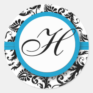 Bright Aqua Damask Monogram Stickers de mariage