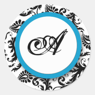 Bright Aqua Damask Monogram Stickers de mariage