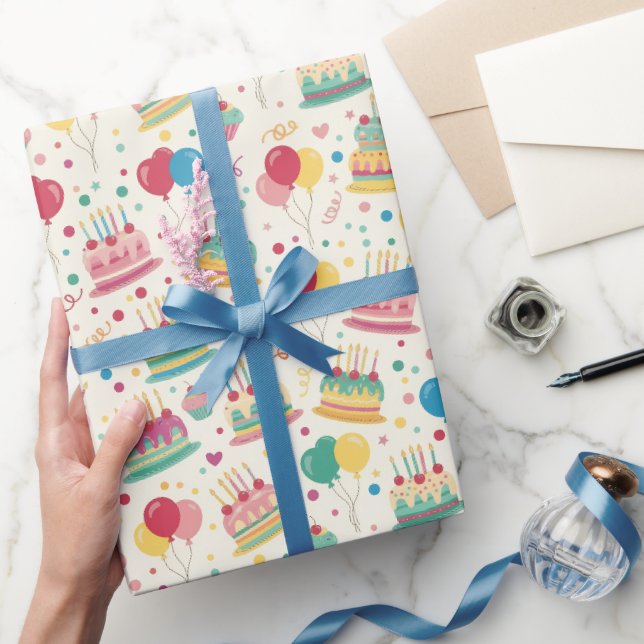 Bright Birthday Cakes and Balloons Wrapping Paper Geschenkpapier (Schenken)