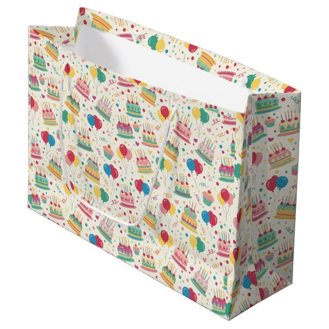 Bright Birthday Cakes and Balloons Wrapping Paper Große Geschenktüte (Vorderseite Schrägansicht)