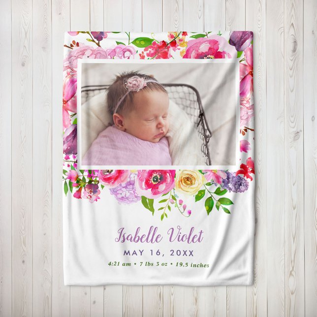 Bright Blooms Baby Girl Birth Stat Foto Fleecedecke (Von Creator hochgeladen)