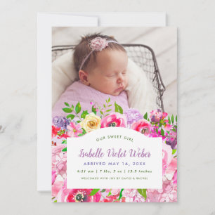 Bright Blooms Baby Girl Foto Geburtsankündigung Ankündigung