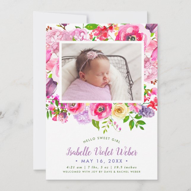 Bright Blooms Baby Girl Foto Geburtsankündigung Ankündigung (Vorderseite)