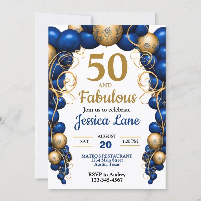 Bright Blue and Flat Gold Birthday Party Einladung (Vorderseite)