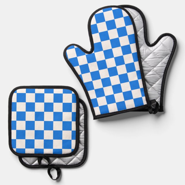 Bright Blue and White Checkers Ofenhandschuh & Topflappen-Set (Vorderseite/Rückseite)