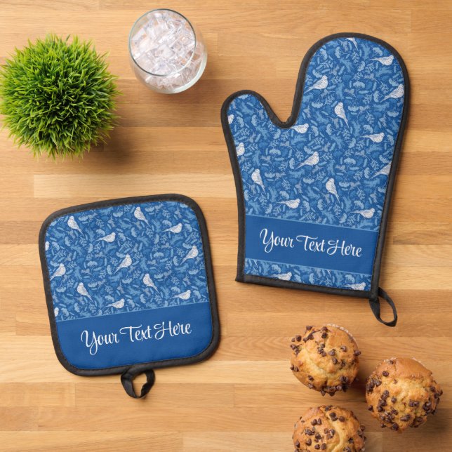 Bright Blue and Winter White Birds Floral Pattern Ofenhandschuh & Topflappen-Set (Oben Unten)