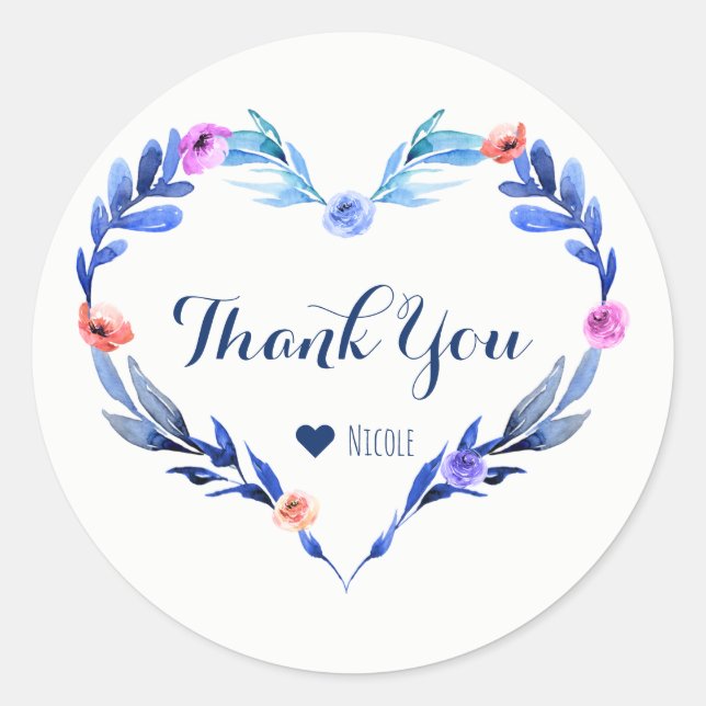 Bright Blue Floral Heart Botanisch Elegante Gefall Runder Aufkleber (Vorderseite)