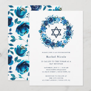 Bright Blue Floral und Star von David  Bat Mitzvah Einladung