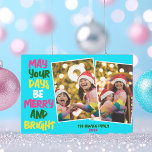 Bright Blue Frohe Weihnachten zwei Foto Collage<br><div class="desc">Niedliche und fröhliche Foto-Collage-Urlaubskarten mit einem bunten Strang an Weihnachtsbeleuchtung umrahmt von Ihren 2 Lieblingssendungen Kinderfotos. Mögen deine Tage fröhlich und hell in fett geschriebenen Buchstaben sein. Ein farbenfroher Regenbogen für die Ferien. Fügen Sie Ihre Lieblings-zwei vertikale Bilder hinzu.</div>