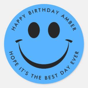 Bright Blue Happy Face Birthday Fun Runder Aufkleber