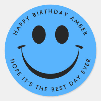 Bright Blue Happy Face Birthday Fun Runder Aufkleber