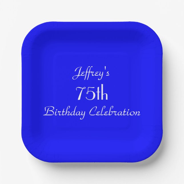 Bright Blue Paper Plate, 75th Birthday Party Pappteller (Vorderseite)