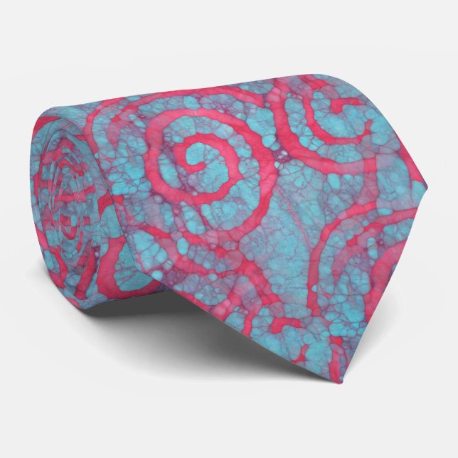 Bright Blue Pink Funky Batik Spirals Muster Krawatte (Gerollt)