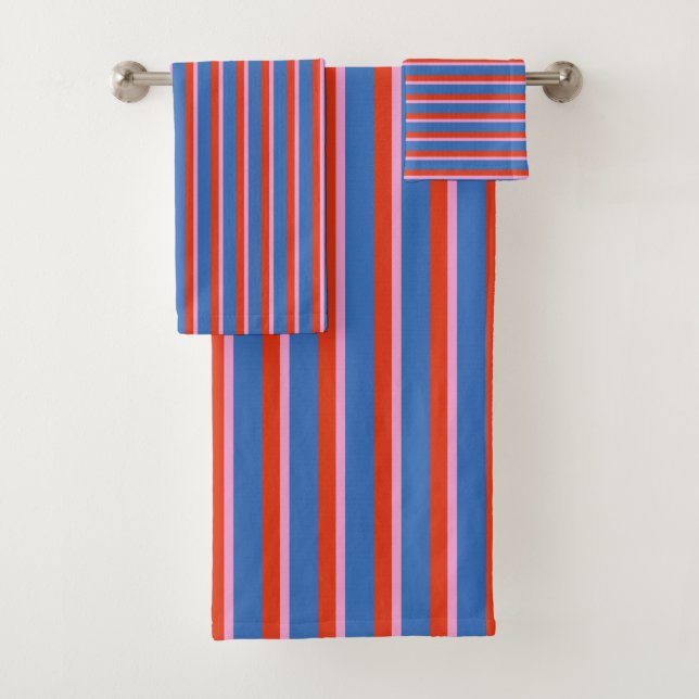 Bright Blue Red Pink Retro Stripe Pattern Badhandtuch Set (Insitu)