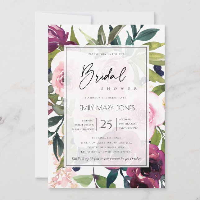 BRIGHT BLUSH BURGUNDDY FLORAL BUNCH BRAUTPARTY EINLADUNG (Vorderseite)