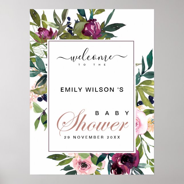 BRIGHT BLUSH BURGUNDY FLORAL BABY SHOWER WILLKOMME POSTER (Vorne)