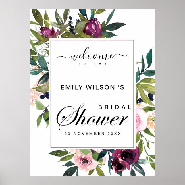 BRIGHT BLUSH BURGUNDY FLORAL BRAUTPARTY WILLKOMMEN POSTER (Vorne)