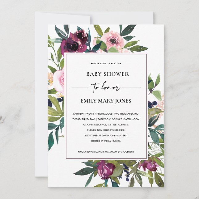 BRIGHT BLUSH BURGUNDY FLORAL BUNCH BABY DUSCHE EINLADUNG (Vorderseite)