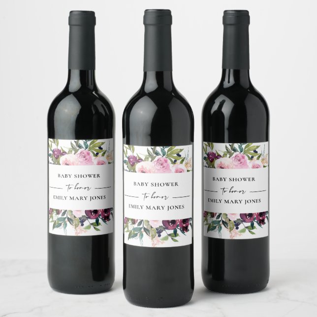 BRIGHT BLUSH BURGUNDY FLORAL BUNCH BABY DUSCHE WEINETIKETT (Flaschen)