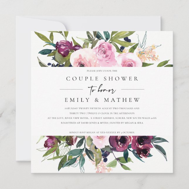 BRIGHT BLUSH BURGUNDY FLORAL BUNCH COUPLE DUSCHE EINLADUNG (Vorderseite)