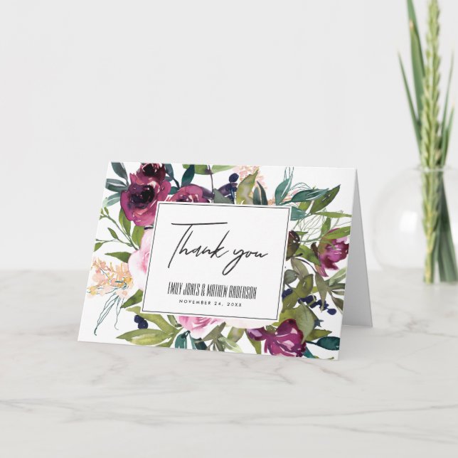 BRIGHT BLUSH BURGUNDY FLORAL BUNCH WEDING DANKESKARTE (Vorderseite)