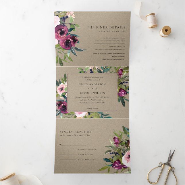 BRIGHT BLUSH BURGUNDY KRAFT BLUMBUNCH WEDING DREIFACH GEFALTETE EINLADUNG (Innenseite)