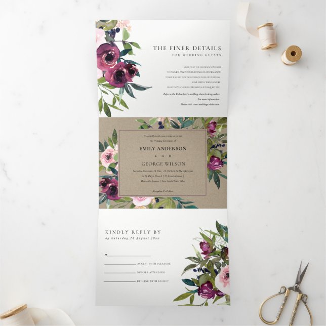 BRIGHT BLUSH BURGUNDY KRAFT BLUMBUNCH WEDING DREIFACH GEFALTETE EINLADUNG (Innenseite)