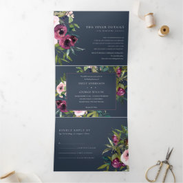 BRIGHT BLUSH BURGUNDY NAVY FLORAL BUNCH WEDING DREIFACH GEFALTETE EINLADUNG