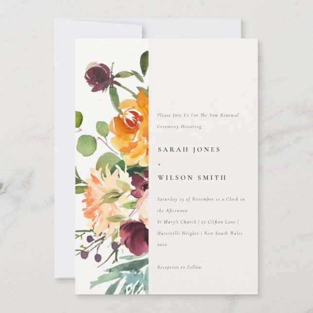 Bright Boho Blush Yellow Orange Floral Vow Erneuer Einladung (Vorderseite)