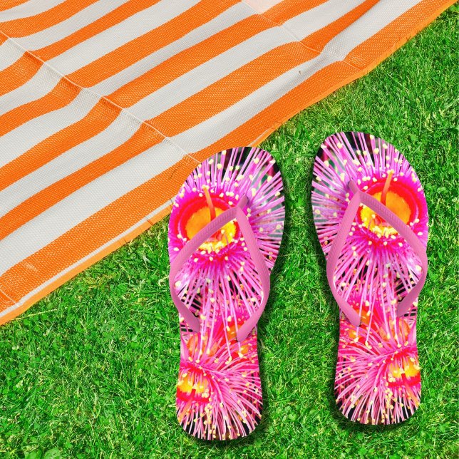 Bright Boho Gumnut Blumen floral Flip Flops (Bright pink, yellow and orange Australian native gumnut flower flip flops.)