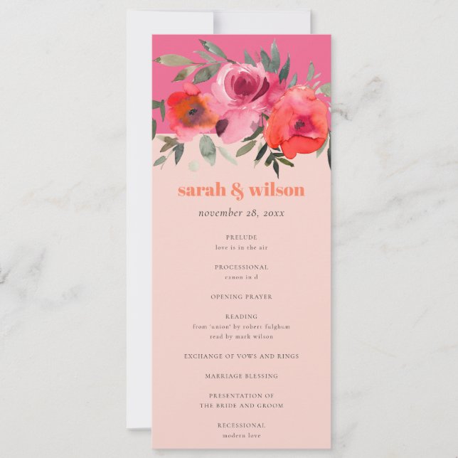 Bright Boho Hot Pink Floral Wedding Program Einladung (Vorderseite)
