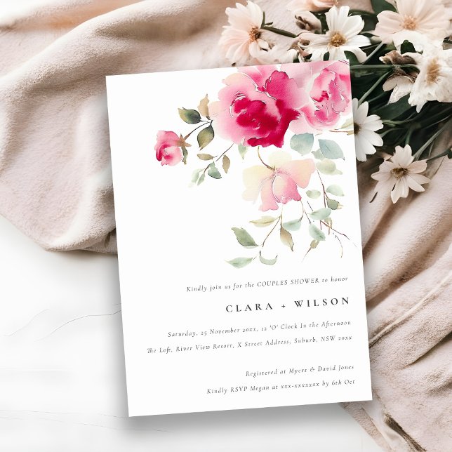 Bright Boho Red Pink Rose Blumenpaare Dusche Einladung (Von Creator hochgeladen)