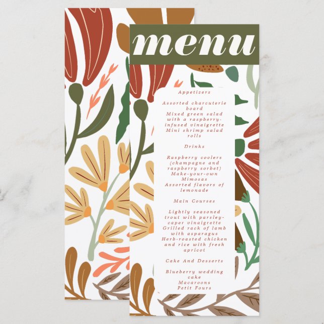 Bright Boho Terracotta Abstrakte Blumenhochzeit Menükarte (Vorne/Hinten)