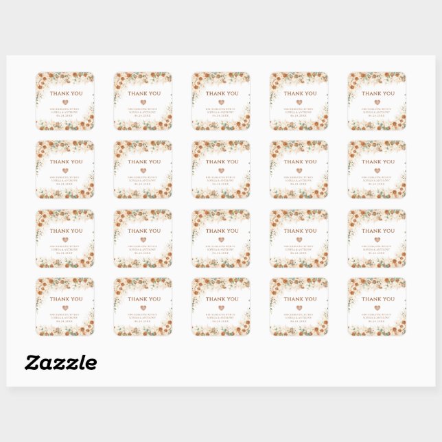 Bright Boho Terracotta Floral Wedding Vielen Dank Quadratischer Aufkleber (Blatt)