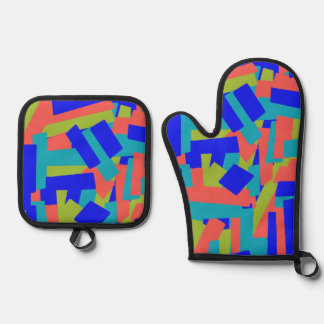 Bright Bold Blue Green Coral Abstract Patches Ofenhandschuh & Topflappen-Set